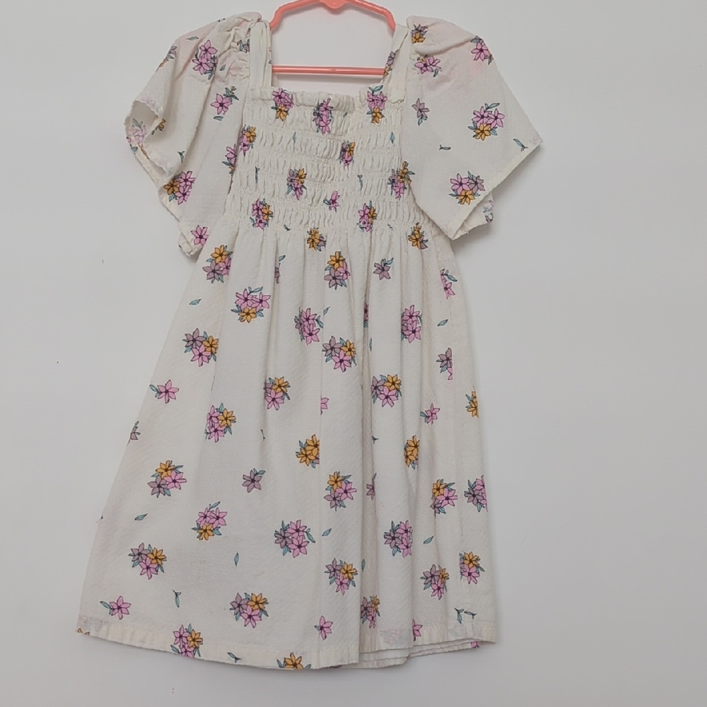 Cream Floral Smocked Square-Neck Dress